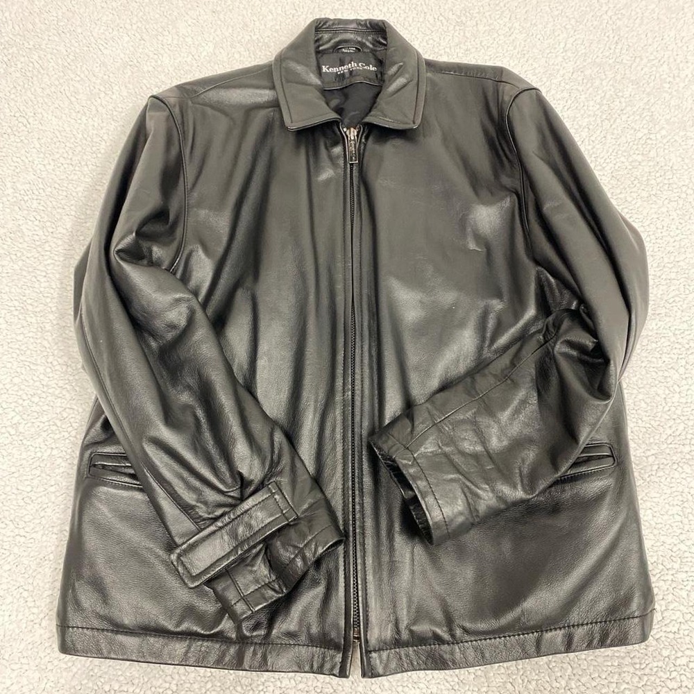 Kenneth Cole New York Mens Black Genuine Leather Jacket Collared Size Large